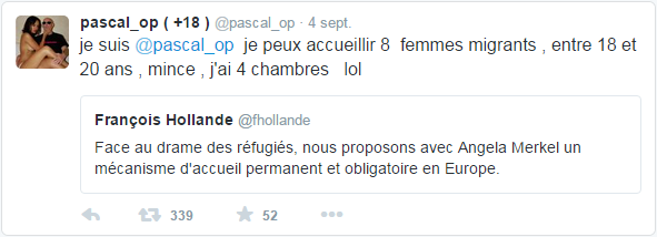 je suis @pascal_op  je peux accueillir 8  femmes migrants , entre 18 et 20 ans , mince , j'ai 4 chambres   lol 