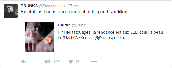@Frederic_Luu 27 nov. TRUNKS a Retweeté Clubic Bientôt les boobs qui clignotent et le gland scintillant
