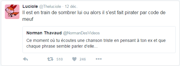 ‏@Theluciole  12 déc. Luciole a retweeté Norman Thavaud Il est en train de sombrer lui ou alors il s'est fait pirater par code de meuf  