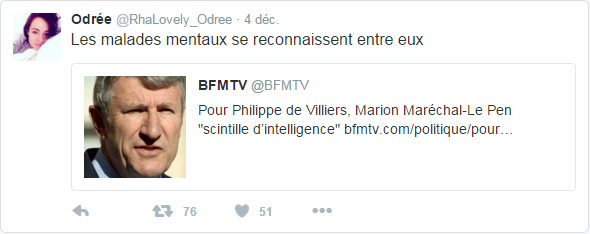 @RhaLovely_Odree  4 déc. Odrée a Retweeté BFMTV Les malades mentaux se reconnaissent entre eux  