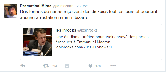 ‏@Mimachan  26 févr. Des tonnes de nanas reçoivent des dickpics tout les jours et pourtant aucune arrestation mmmm bizarre 