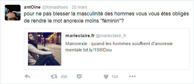 antOine @tornadhoes pour ne pas blesser la masculinité des hommes vous vous êtes obligés de rendre le mot anorexie moins "féminin"?