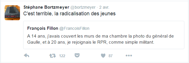 Stéphane Bortzmeyer ‏@bortzmeyer  2 avr. Stéphane Bortzmeyer a retweeté François Fillon C'est terrible, la radicalisation des jeunes 