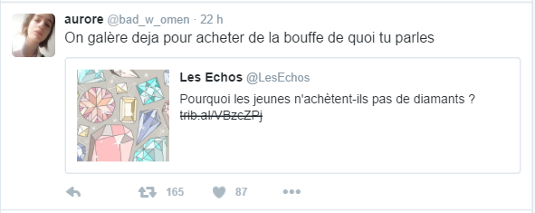 aurore ‏@bad_w_omen  22 hil y a 22 heures aurore a retweeté Les Echos On galère deja pour acheter de la bouffe de quoi tu parles