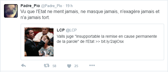 Vu que l'Etat ne ment jamais, ne masque jamais, n'exagère jamais et n'a jamais tort.