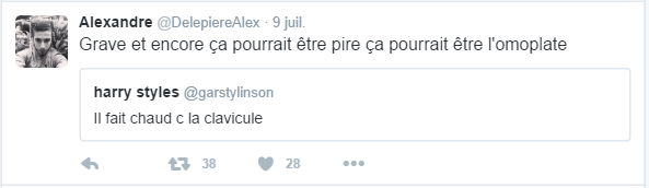 Alexandre ‏@DelepiereAlex  9 juil. Alexandre a retweeté harry styles Grave et encore ça pourrait être pire ça pourrait être l'omoplate