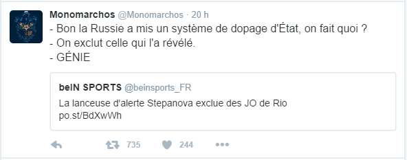- Bon la Russie a mis un système de dopage d'État, on fait quoi ? - On exclut celle qui l'a révélé. - GÉNIE