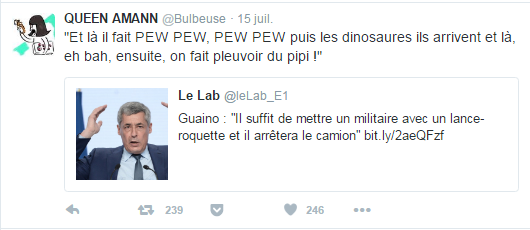 "Et là il fait PEW PEW, PEW PEW puis les dinosaures ils arrivent et là, eh bah, ensuite, on fait pleuvoir du pipi !"