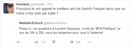 bismatoj ‏@bismatoj  20 hil y a 20 heures bismatoj a retweeté NathalieSchuck Pourquoi ils ont appelé le meilleur ami de Bambi Panpan alors que sa mère a été tuée par balle ?