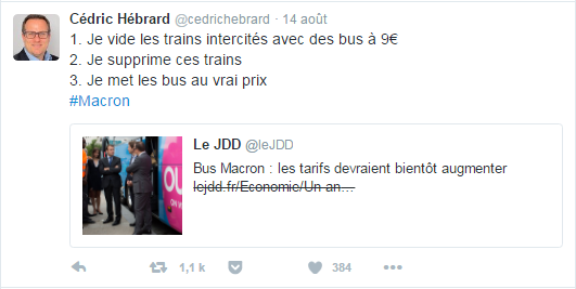 1. Je vide les trains intercités avec des bus à 9€ 2. Je supprime ces trains 3. Je met les bus au vrai prix #Macron