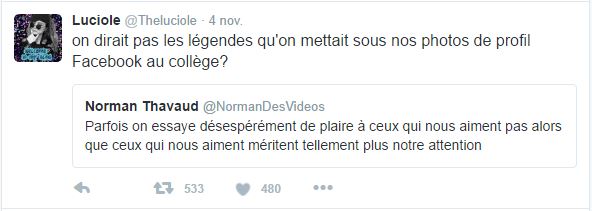 on dirait pas les légendes qu'on mettait sous nos photos de profil Facebook au collège?