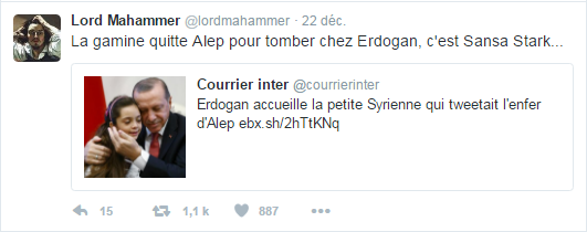 La gamine quitte Alep pour tomber chez Erdogan, c'est Sansa Stark...