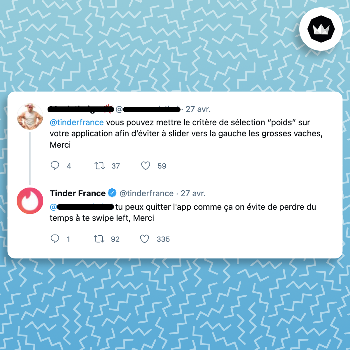 tweet de tinderfrance qui répond à un grossophobe