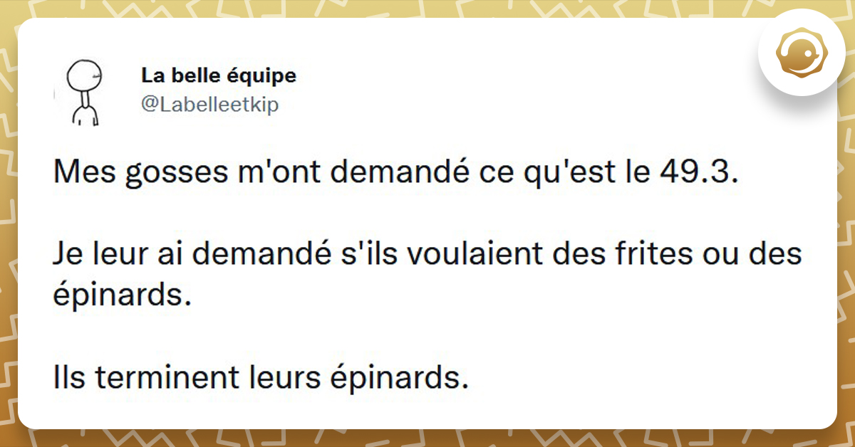 Tweet liseré de jaune de @Labelleetkip disant "Mes gosses m'ont demandé ce qu'est le 49.3.
Je leur ai demandé s'ils voulaient des frites ou des épinards. Ils terminent leurs épinards."
