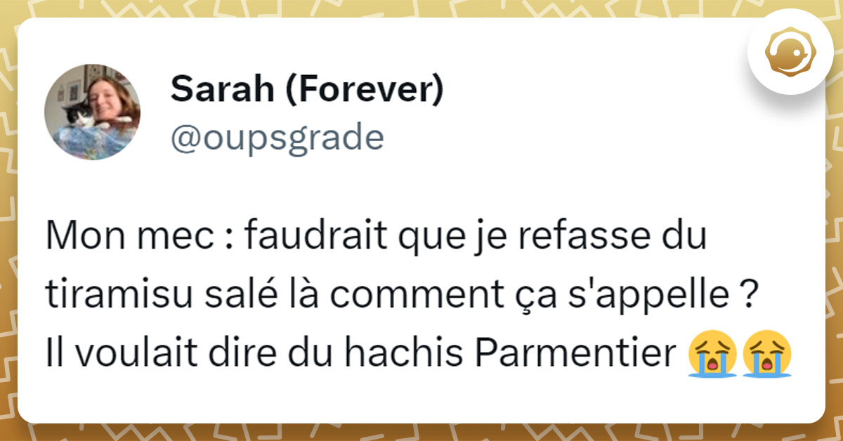 Tweet de @oupsgrade : "Mon mec : faudrait que je refasse du tiramisu salé là comment ça s'appelle ? Il voulait dire du hachis Parmentier"