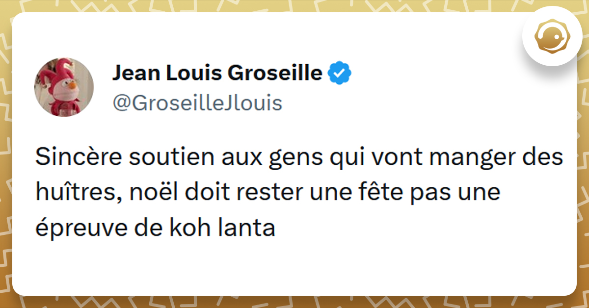 Tweet liseré de jaune disant "Sincère soutien aux gens qui vont manger des huîtres, noël doit rester une fête pas une épreuve de koh lanta"