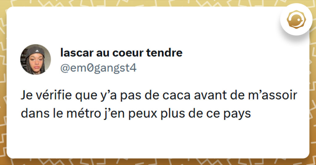 Tweet liseré de jaune disant "Je vérifie que y’a pas de caca avant de m’assoir dans le métro j’en peux plus de ce pays"