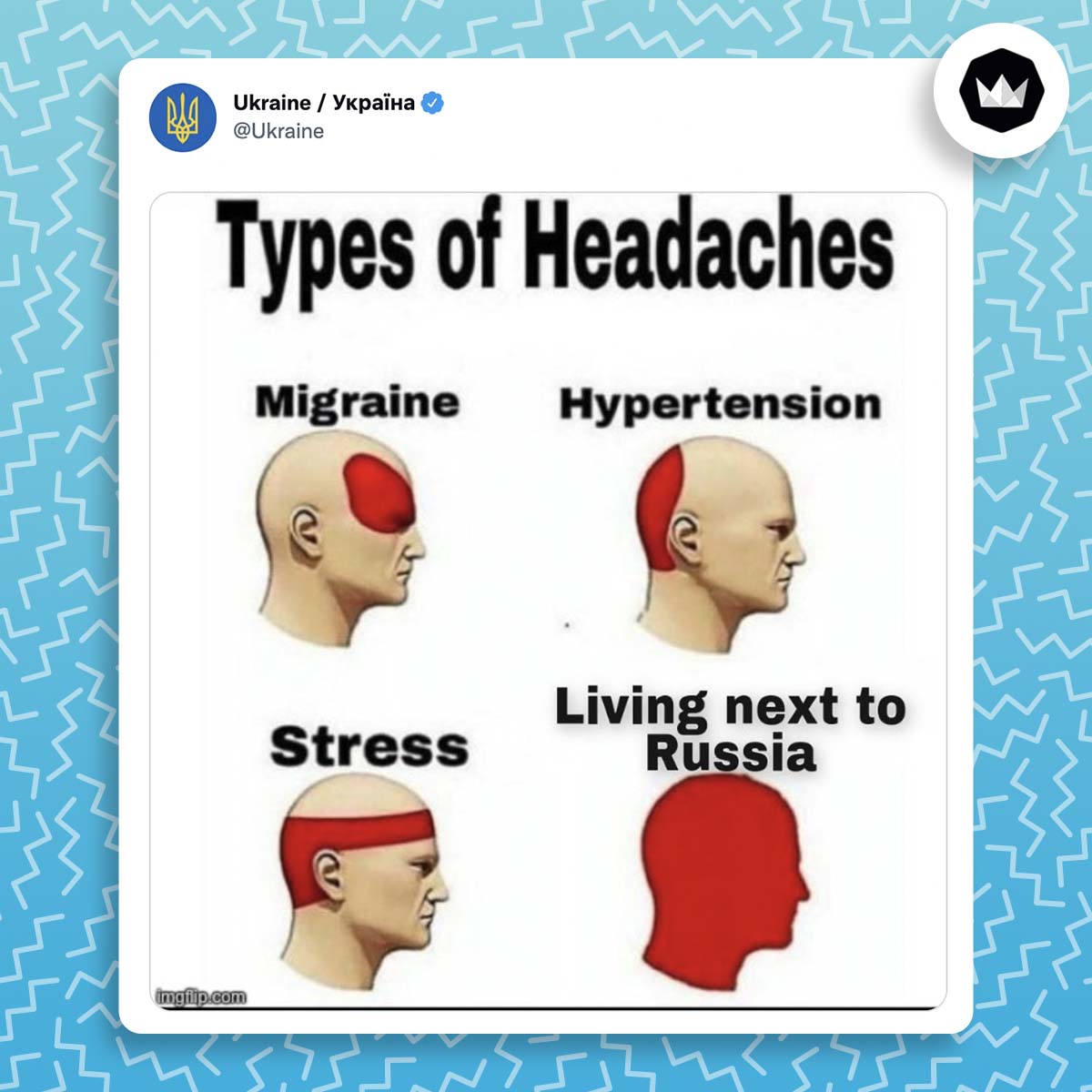 Tweet de l'Ukraine concernant les tensions qu'elle rencontre avec la Russie.
Même sur les différents maux de tête, le dernier prend toute la tête et est intitulé : "living next to Russia"