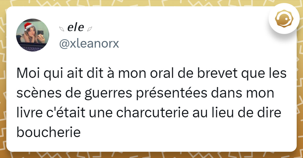 Tweet de @xleanorx : "Moi qui ait dit à mon oral de brevet que les scènes de guerres présentées dans mon livre c'était une charcuterie au lieu de dire boucherie"