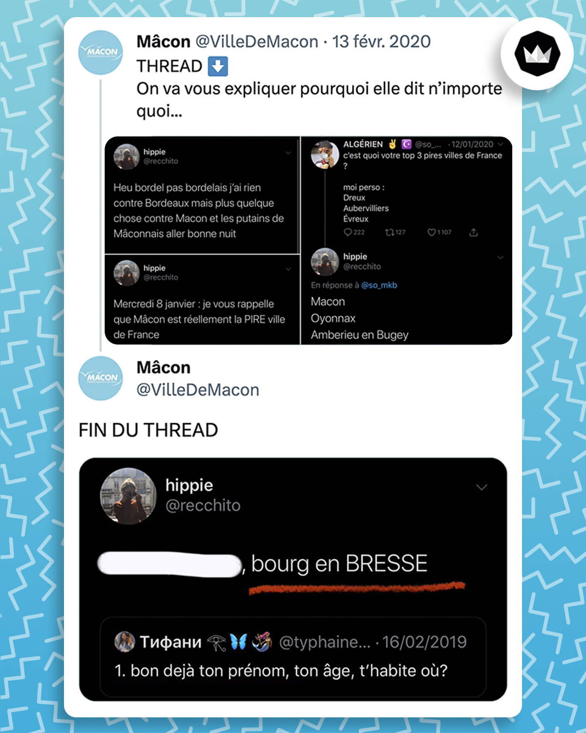 Tweet de la ville de Mâcon : "On va vous expliquer pourquoi elle dit n’importe quoi..." accompagné de trois screens de tweets d'une même personne qui critiquent fortement Mâcon.
Le second tweet de la ville de Mâcon dit "Fin du thread" avec un screen un autre tweet de cette même personne qui dit qu'elle vient de Bourg-en-Bresse.