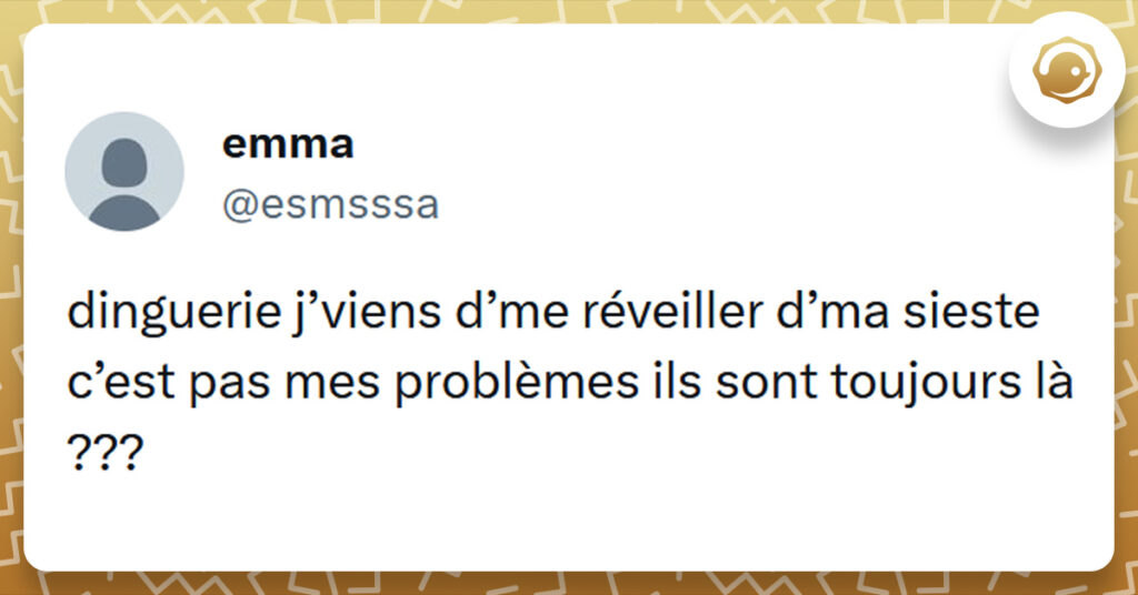 Tweet liseré de jaune de @esmsssa disant "dinguerie j’viens d’me réveiller d’ma sieste c’est pas mes problèmes ils sont toujours là ???"