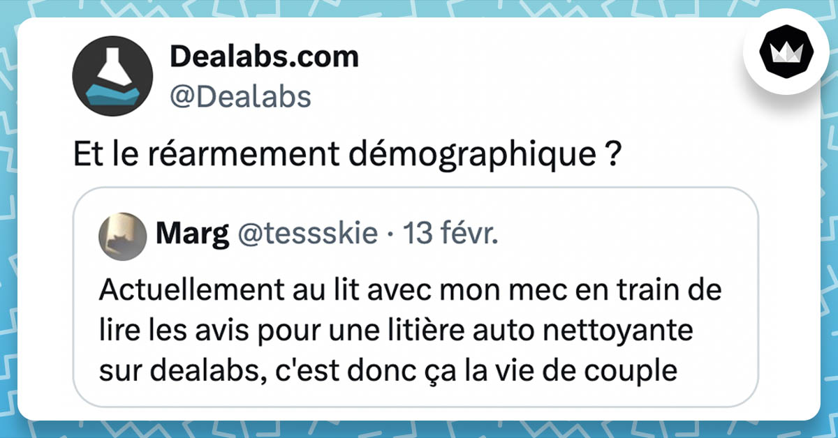 tweet de Dealabs : "Et le réarmement démographique ?" Le compte répond à une internaute qui tweete : "Actuellement au lit avec mon mec en train de lire les avis pour une litière auto nettoyante sur dealabs, c'est donc ça la vie de couple"