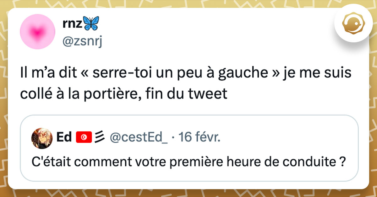 Tweet de @zsnrj sur sa première heure de conduite : "Il m’a dit « serre-toi un peu à gauche » je me suis collé à la portière, fin du tweet"