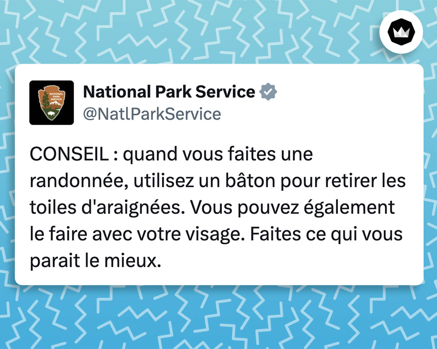 NatlParkService :
CONSEIL : quand vous faites une randonnée, utilisez un bâton pour retirer les toiles d'araignées. Vous pouvez également le faire avec votre visage. Faites ce qui vous parait le mieux.
