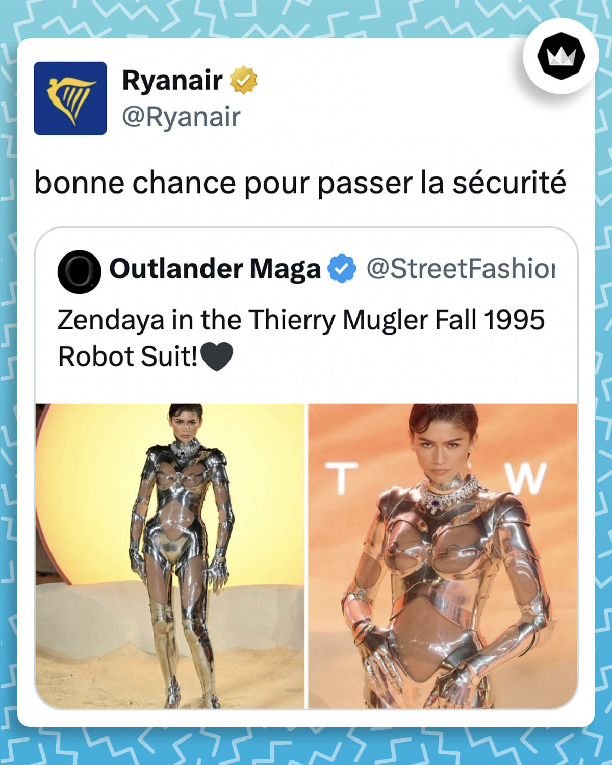 tweet de Ryanair :
"bonne chance pour passer la sécurité"