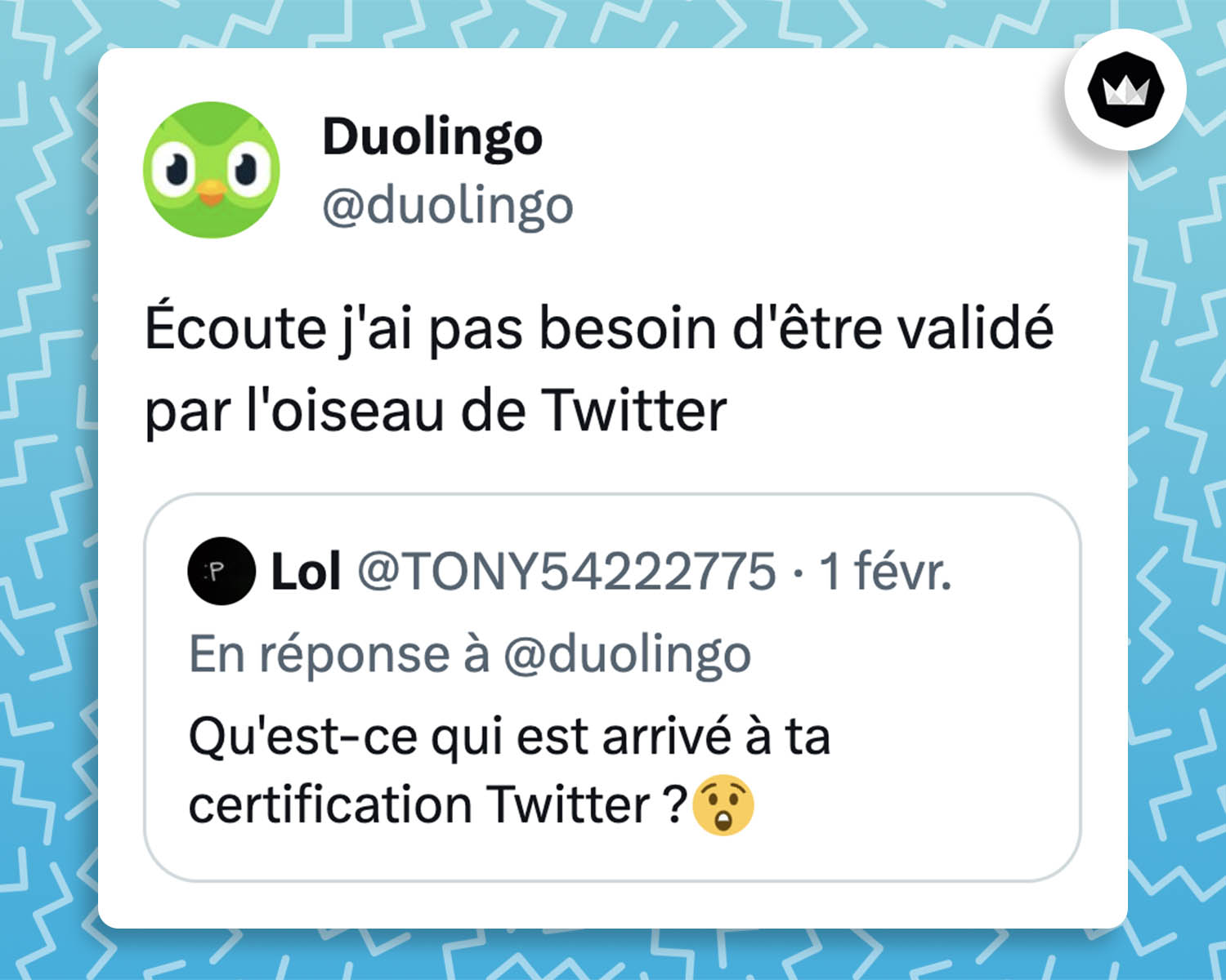 internaute : 
"Qu'est-ce qui est arrivé à ta certification Twitter ?"
@duolingo : "écoute j'ai pas besoin d'être validé par l'oiseau de twitter"