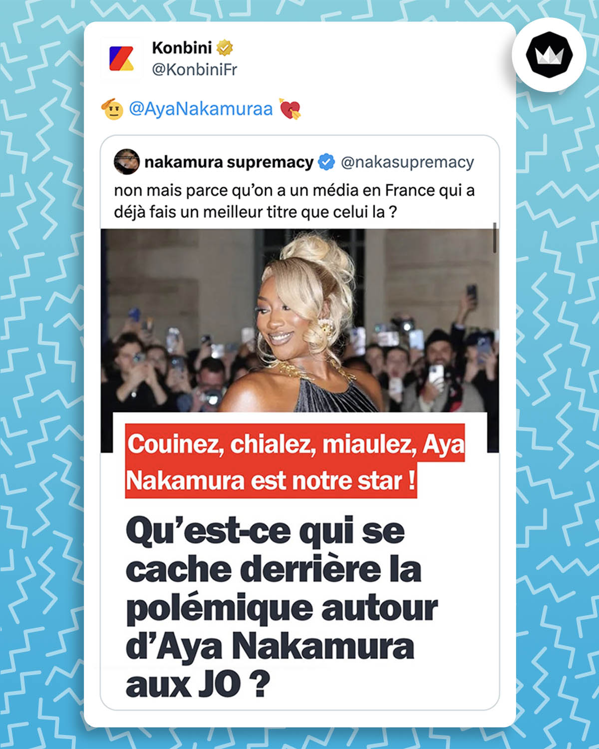 Compte fan d’Aya Nakamura : Non mais parce qu’on a un média en France qui a déjà fais un meilleur titre que celui là ?
Avec le screen du titre de l’article : « Couinez, chialez, miaulez, Aya Nakamura est notre star ! Qu’est-ce qui se cache derrière la polémique autour d’Aya Nakamura aux JO ? »