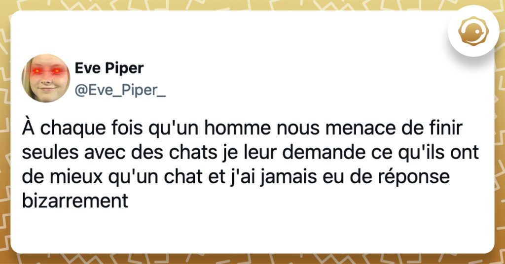 @Eve_Piper_ À chaque fois qu'un homme nous menace de finir seules avec des chats je leur demande ce qu'ils ont de mieux qu'un chat et j'ai jamais eu de réponse bizarrement